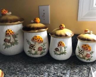 Vintage 1970’s mushroom shaped canister set, sale and pepper, spoon holder