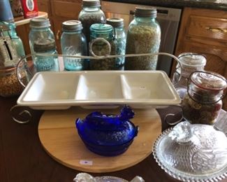 kitchen serving pieces, antique blue canning jars with lids