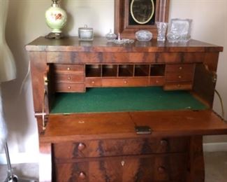 BEAUTIFUL 1840'S EMPIRE BUTLERS CHEST, INCLUDES TOP DRAWER FLIP DOWN SECRETARY WITH PIGEON HOLES.  SHOWN WITH FLAME MAHOGANY SETH THOMAS CLOCK.