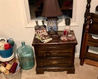 Dark pine bedroom suite includes nightstand, queen bed, dresser and chest