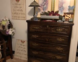 Dark pine bedroom suite includes nightstand, queen bed, dresser and chest