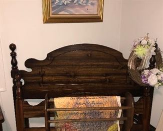 Dark pine bedroom suite includes nightstand, queen bed, dresser and chest, quilt rack