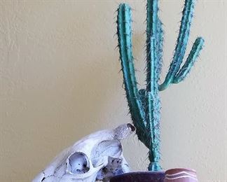 Decorative faux cactus and southwest style pottery with skull.