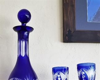 Cobalt blue glass wine decanter and matching wine glasses
