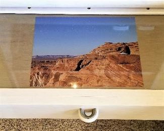 Matching cabinet set one for each side of the bed. Tray pulls out to use as a nightstand. Light colored whitewashed wood furniture set.