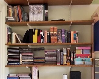 CD's, Books, DVD's and shelving for sale.
