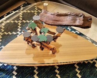 Modern glass and wood coffee table.