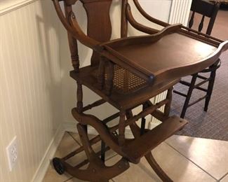 FABULOUS ANTIQUE OAK CONVERTIBLE HIGH CHAIR /STROLLER