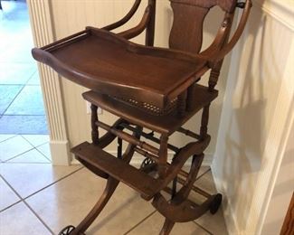 FABULOUS ANTIQUE OAK CONVERTIBLE HIGH CHAIR /STROLLER