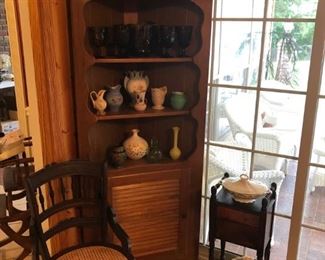 PINE CORNER CABINET, VINTAGE GLASSWARE, SMOKE STAND, WOOD /RATTAN SIDE CHAIR