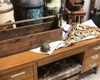 VINTAGE MILK JUGS, ANTIQUE WOODEN WALL PHONE, VINTAGE TOOL CARRIER, VINTAGE ARMY SUPPLIES