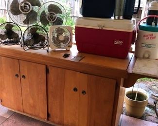 WOODEN WORK STATION CABINET, FANS, OUTDOOR ITEMS