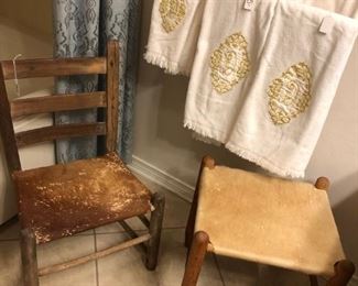 WOODEN CHAIR W/COWHIDE SEAT, FOOTSTOOL, BATH TOWELS