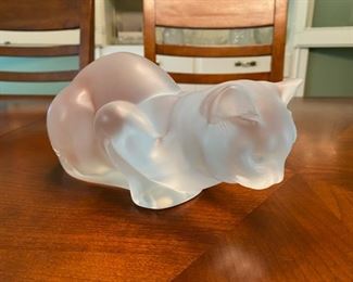 Vintage Lalique Crystal crouching cat.  9 1/2” Long x 4” Wide x 4 1/2” Tall