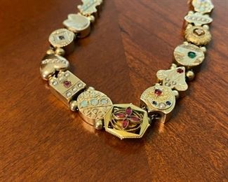 Antique Bohemian 14kt gold slide chain bracelet with some 14kt gold charms and precious/semi-precious stones