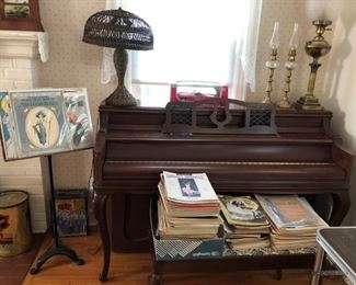 Knabe Piano, Tons of Sheet Music, Music Stand, Oil Lamps, Wicker Lamp