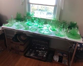 Green Depression Glass,  Flatware, Vintage Hats, Microscope