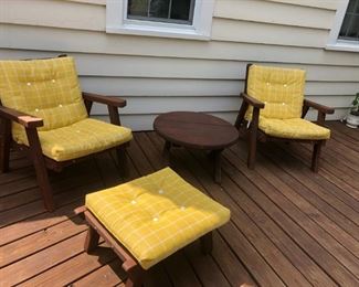 Vintage Redwood Patio Furniture - 2 Chairs, Ottoman & Side Table (Love Seat & Table w/ 2 Benches Not Shown)