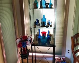 Pair of Display Cabinet (1 of 2 Shown), Colored Bottles & Glass
