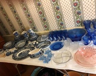 Cobalt Blue Depression Glass, Cambridge Star Candle Holders, Liberty Blue China (Made in England)