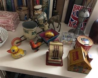 Antique Tin Toys - Tidy Tim, Rooster w/ Cart, Duck, Chick, Banks