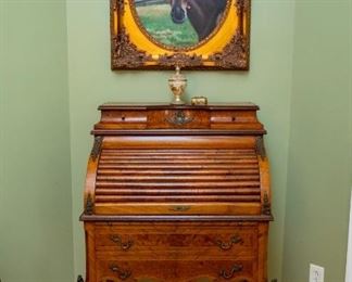 Roll top secretary. 32.5" wide x 49.5" tall x 20.5" deep. Offers accepted. Has reserve price.