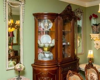 Lot #18 — Mirrors not for sale. Antique china cabinet 94" tall x 56" wide (top) 62" wide (bottom) x 20" deep. Matching antique kitchen table and 6 chairs 72" long x 43" wide x 31" tall.  