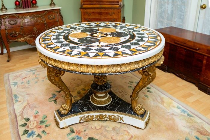 LOT #1 — Rare stunning marble inlay mosaic center table 44" diameter x 32" tall