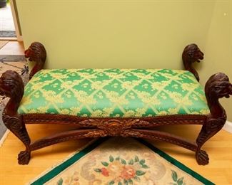 Lot #20 — Very very rare antique "Egyptian pharaoh" window seat settee bench with carved lion heads. 26.5" tall x 54" long x 24" deep. Seat is 18" tall.  