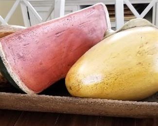 Large faux fruit and very unusual large oval wooden and metal tray