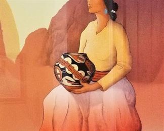 R.C. Gorman art of a Native American woman holding a piece of pottery  is floating in a shadowbox frame. 