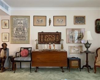 Overview of the living room - Some items shown here are not for sale. Please see description to see prices! (Items that are sold are the shell art, the Chinese panel, the Buddha rubbing, One Chinese horse)