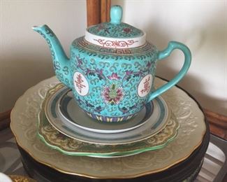 Teapot and assorted dishes.