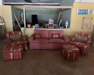 Sofa, club chairs with ottomans