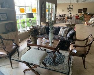 Sofa, coffee table, side chairs, bench, rug