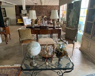 sideboard has SOLD, chairs, table, accessories, rug, lamps are SOLD