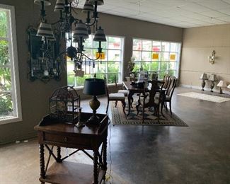 Dining table, chandelier is SOLD, lamps.  Side table in foreground is sold, mirror is SOLD