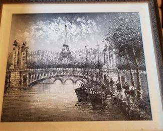Mid Century Modern Black White Oil Painting of Paris France Signed  $100
