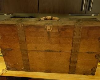 Antique Copper Strapped Machinist Chest-Oak-Handle needs repair-  $200