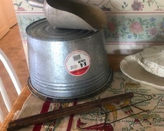 Metal scoop. Galvanized dish pan