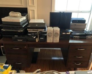 Desk, speakers, laptops and computer parts