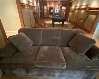 THESE
SOFAS ARE brown velvet or velour.  Nice custom sofas.   80 long x34 wide x 42 deep.  $450 slashed.  $200