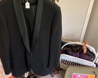 1960's EM Kahn tuxedo, dress shoes, electric shoe polisher, vintage ties and oak valet. 