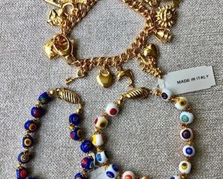 $35 Lot of 3 Italy bracelets -2 Venetian beaded bracelets , one gold tone charm bracelet  Blue bracelet sold.