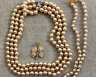 $45 2 Kenneth Jay Lañe pearl necklaces, rhinestone clover clasp