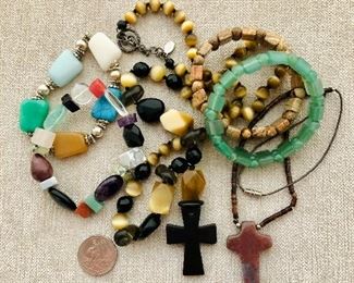 $45 Lot of 2 stone cross necklaces, 4 stone bracelets