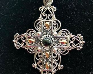 $60 Large sterling silver cross pendant with gold accents 