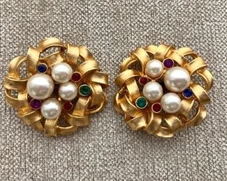 $25 Large clip pearl and stone earrings