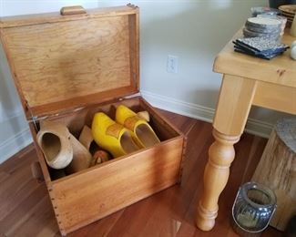 Dutch wooden shoes and a wooden chest.