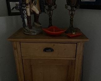 German cabinet; antique amber glass lamps; MCM orange ashtray and lighter, Viking statue